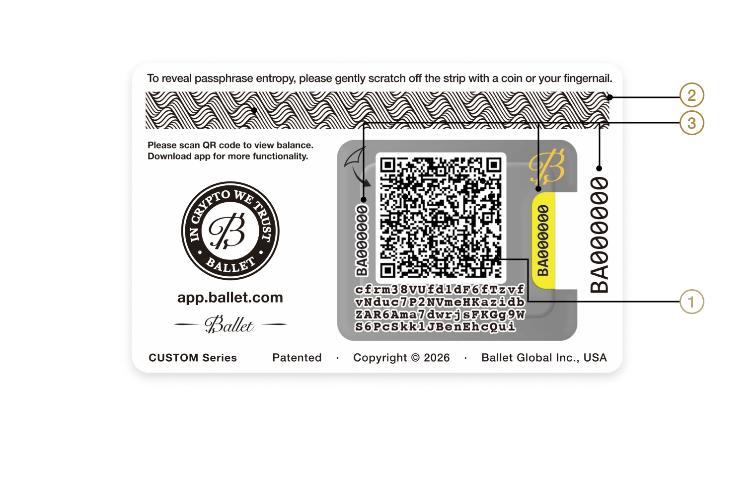 Ballet CGC back view — card info, QR code and private key area