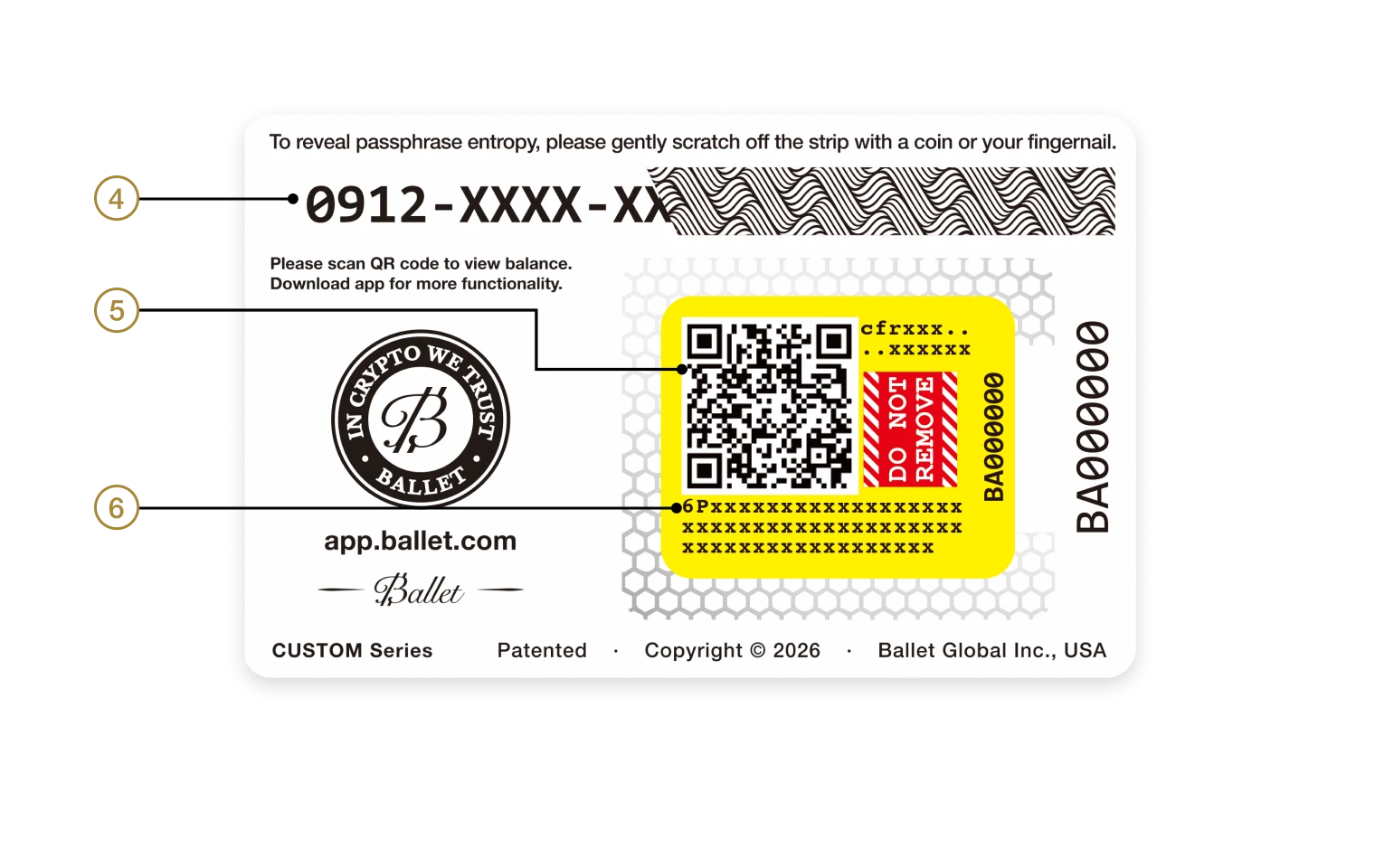 Ballet CGC exploded view — passphrase scratch-off and private key entropy layers