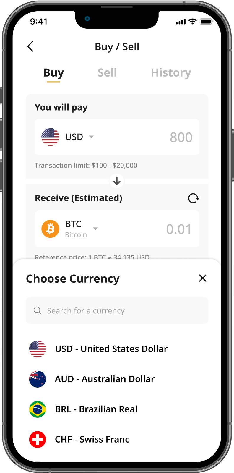 Ballet Crypto App Buy and Sell screen